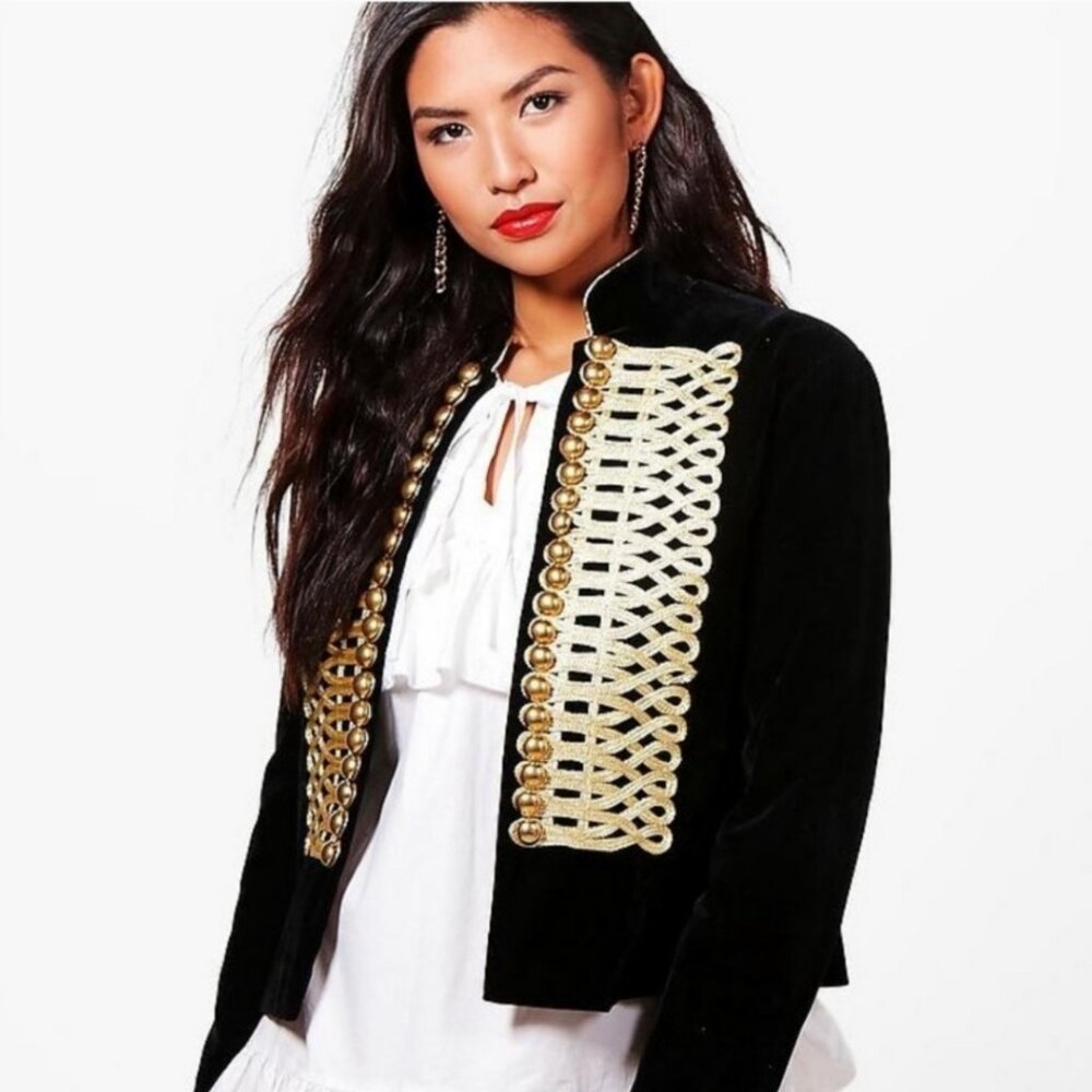 Boohoo Amy Boutique Velvet Admiral Jacket Military Embroidered Black Size 10